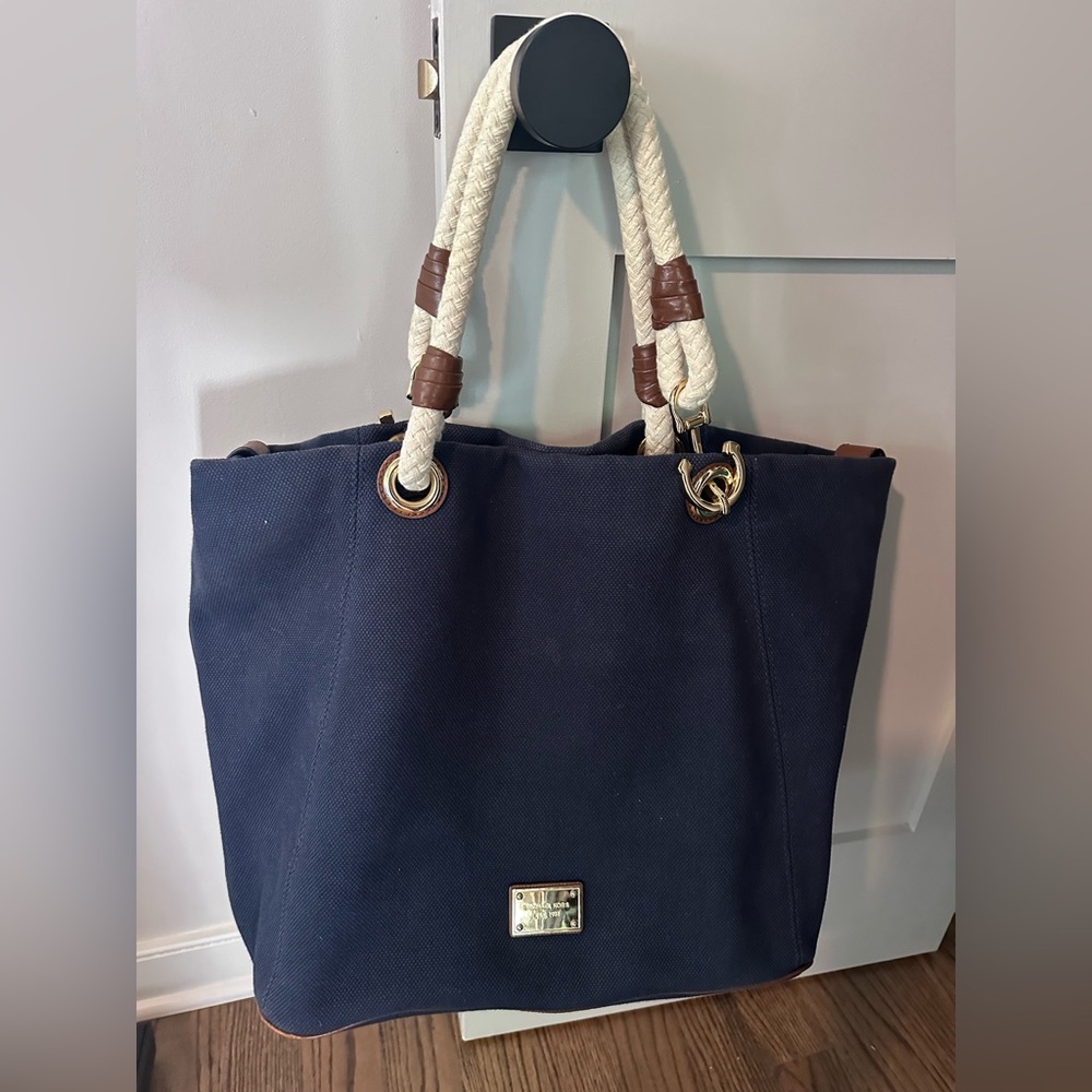 Michael Kors Navy Blue Canvas Leather Trim Tote Bag NWT